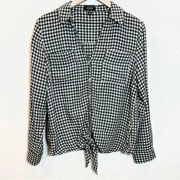 Jones New York Women's Front Tie Button Down Gingham Blouse Size Medium - Picture 2 of 13
